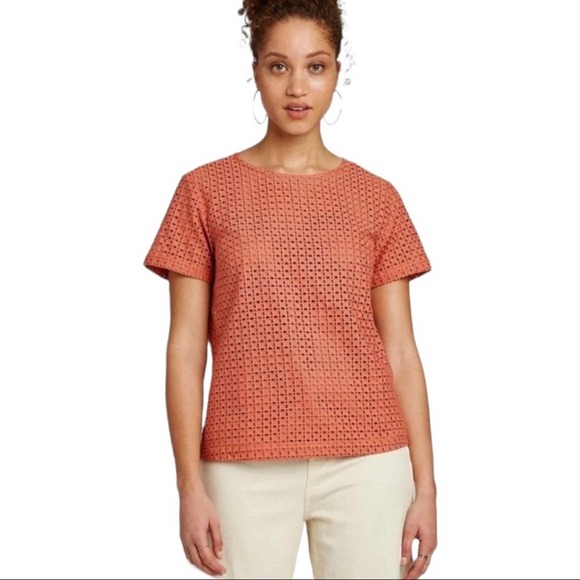 A NEW DAY | Pumpkin Spice Short Sleeve Keyhole Back Eyelet Top - Picture 1 of 10